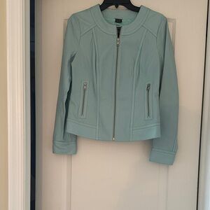 Chic Women's Light Turquoise Cropped Leather Jacket with Zippered Pockets